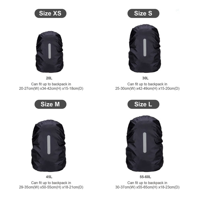 A reflective black rain cover for backpacks in various sizes, with a logo visible on each cover.