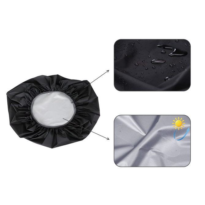 A black reflective backpack rain cover with a circular opening, featuring water droplets and a shiny surface.