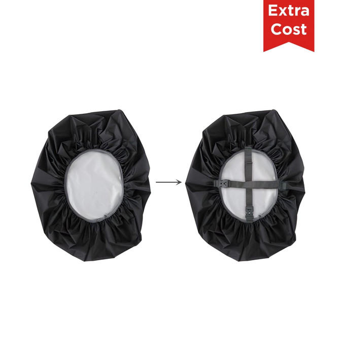 A reflective black backpack rain cover with adjustable straps, featuring a logo.