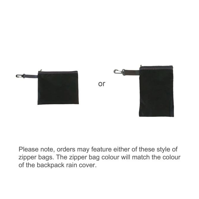 A black zipper bag displayed in two styles, with a clip-on option. Both bags match the colour of the backpack rain cover.