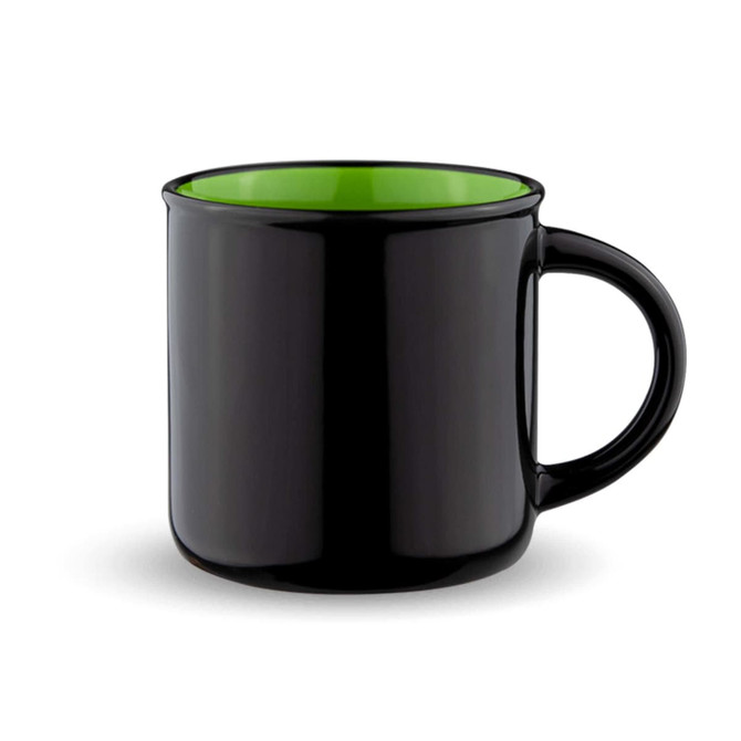 A drink mug featuring a glossy black exterior and a vibrant green interior, with a curved handle and a smooth finish.