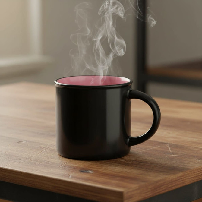 A black coffee mug with a pink interior, emitting steam, placed on a wooden surface.