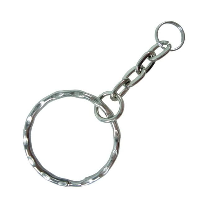 A silver split ring chain keyring with a textured circular ring and linked chain segments.