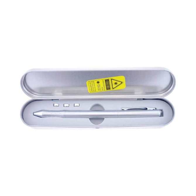 A silver metal pen housed in a sleek silver tin case with three additional components inside.