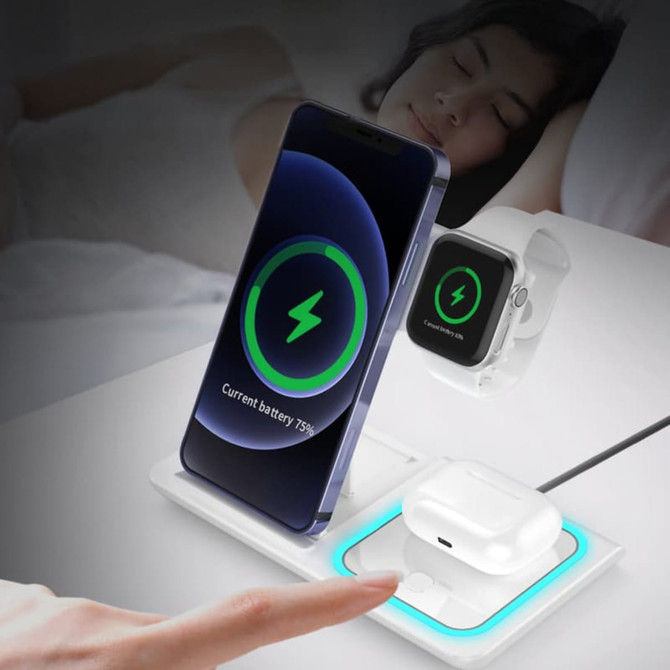 A white 3-in-1 wireless charger for a phone, smartwatch, and earbuds, featuring a green charging indicator. A white 3-in-1 wireless charger for a phone, smartwatch, and earbuds, featuring a green charging indicator.