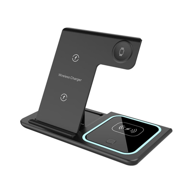 A black 15W 3-in-1 fast wireless charger with a stand and multiple charging surfaces. Phonelike branding visible. A black 15W 3-in-1 fast wireless charger with a stand and multiple charging surfaces. Phonelike branding visible.