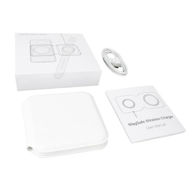 A white magnetic wireless charger with a charging cable and user manual, presented in a simple box.