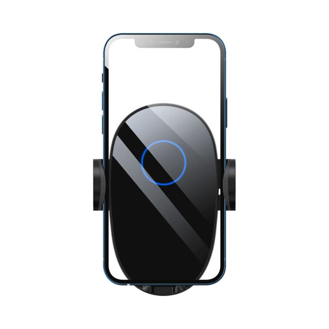 A black wireless car charger with a blue indicator light, designed to hold smartphones in place.