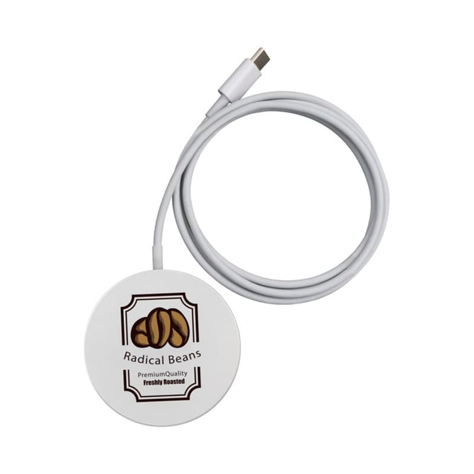 A round white wireless charger with a USB-C cable, featuring a logo design in the centre.