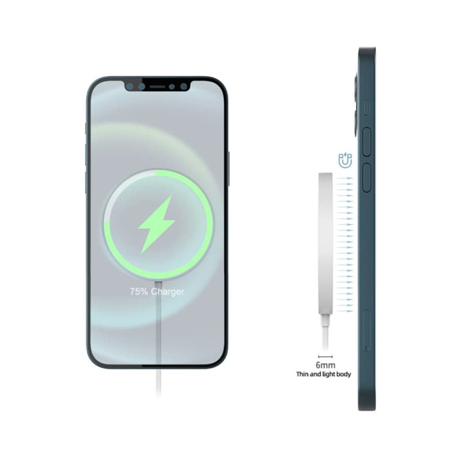 A magnetic wireless charger in grey, showcased alongside a smartphone indicating charging progress with a green lightning symbol.