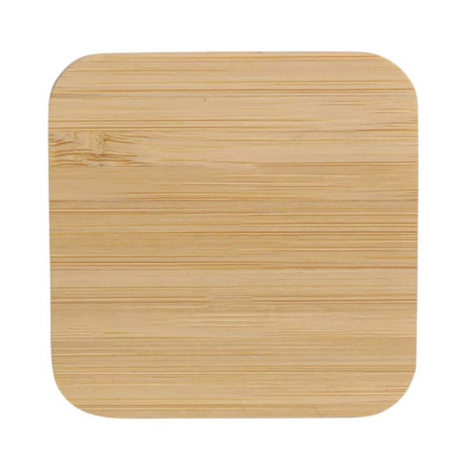 A bamboo wireless charger with a smooth, square surface. It features rounded corners and a subtle natural wood grain.