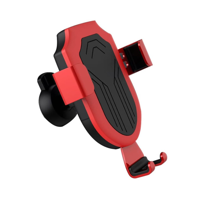 A red and black wireless car charger with a suction mount and adjustable grips for secure phone placement.