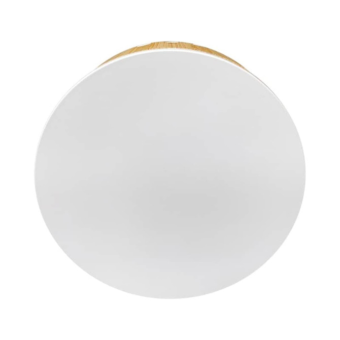 A round white speaker with a wooden accent. It features a logo on the surface.