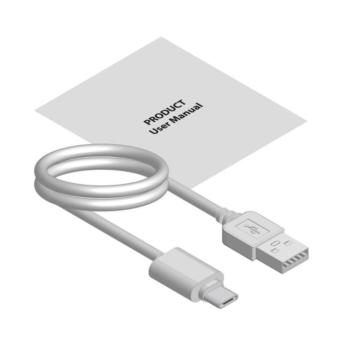 A USB cable in white, coiled alongside a user manual. A simple, functional design without branding.