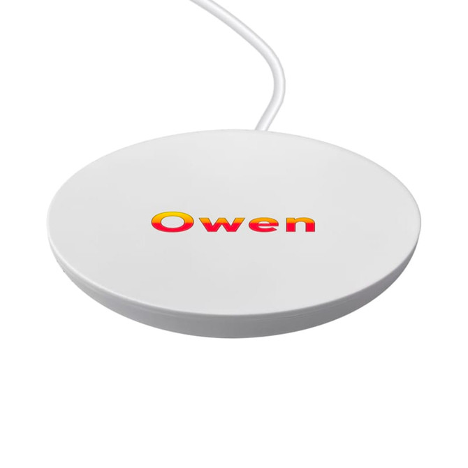 A white circular wireless charger with a cable, featuring a logo in bright colours.