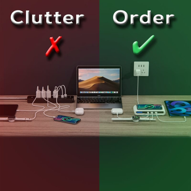 A desktop scene featuring a Korda 15 Watt Charging Station in white, neatly charging multiple devices on one side.