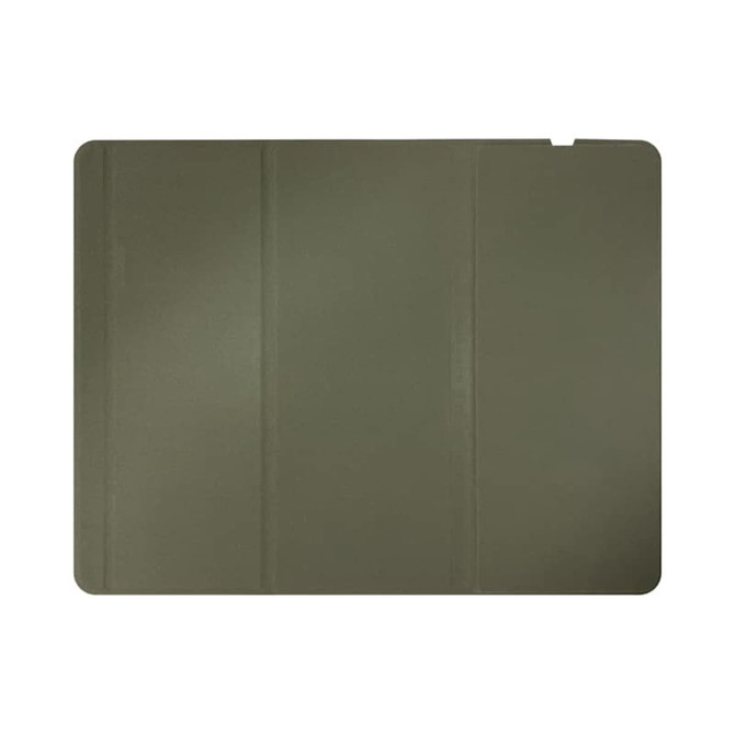 A foldable wireless charging mouse pad in olive green, featuring a minimalist design and a logo.