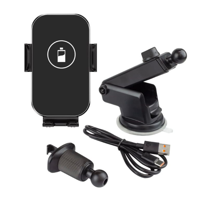 A black 15W fast wireless car charger with a suction mount, USB cable, and a detachable attachment.