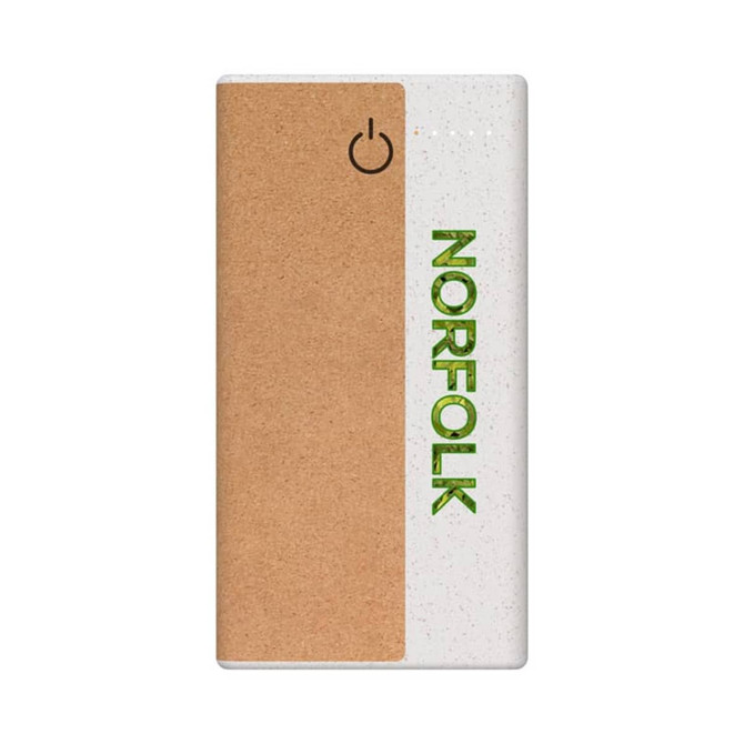 A wireless eco power bank in white with a cork panel, featuring a logo and a power button.