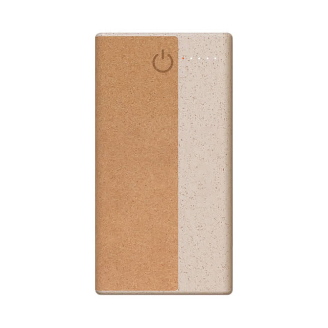 A wireless power bank in cream and cork, featuring an on/off button and a branding logo.