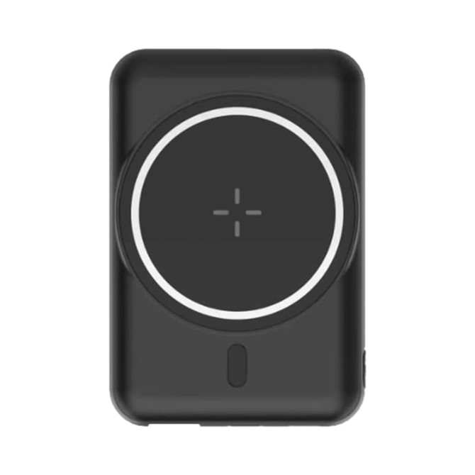 A black magnetic power bank with a circular charging area and a logo on the surface.