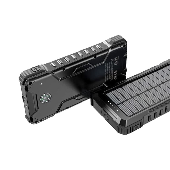 A black solar power bank with multiple USB ports and a textured surface, featuring a logo.
