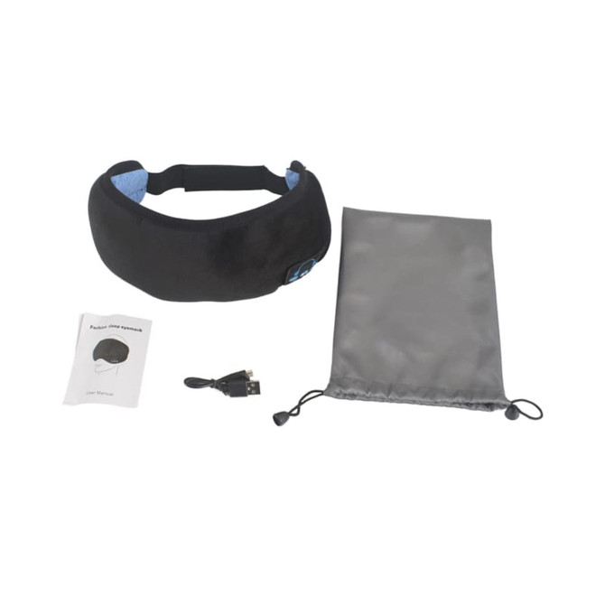 A Bluetooth eye mask in black and blue, accompanied by a charging cable, carrying pouch, and user manual.