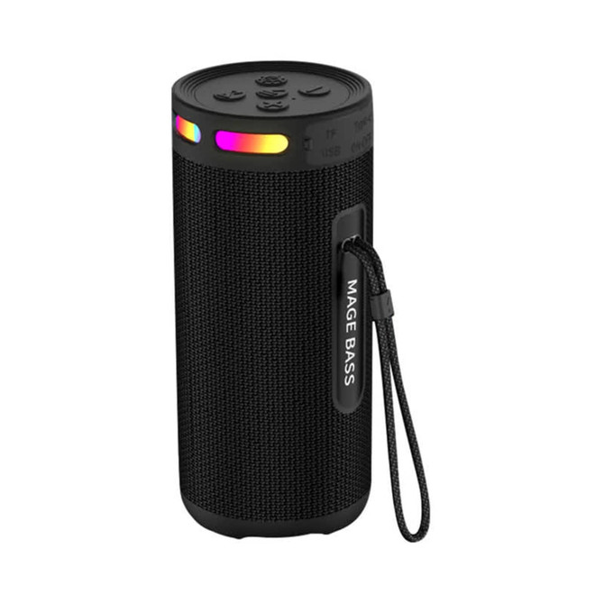 A black wireless speaker with a textured surface, buttons on top, and a colourful light band. It features a carrying strap.