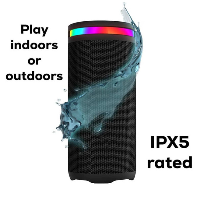 A black wireless speaker with a multi-coloured light strip, featuring a textured exterior and an IPX5 rating.