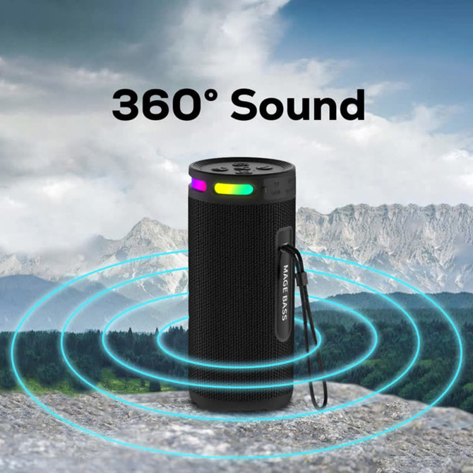 A wireless speaker in black, featuring a colourful light band and surrounded by sound wave visuals against a mountainous backdrop.