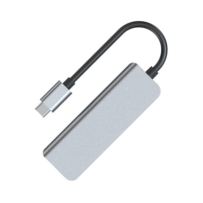 A silver USB hub with a Type-C connector and a black cable. It has a sleek, compact design and a branding logo.