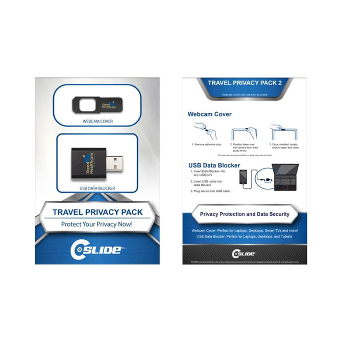 A promotional pack featuring a black webcam cover and a USB data blocker, presented with a branded design.