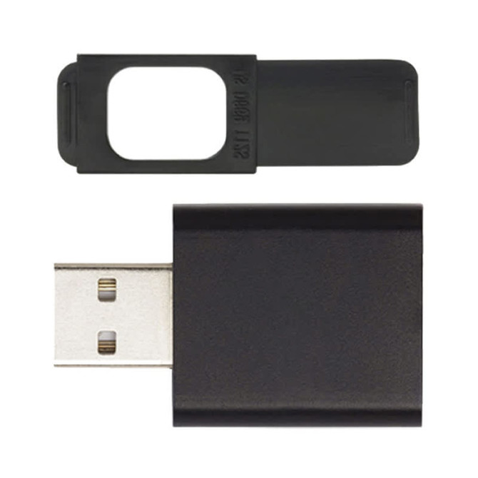 A black USB security device with a removable cover for webcam privacy.