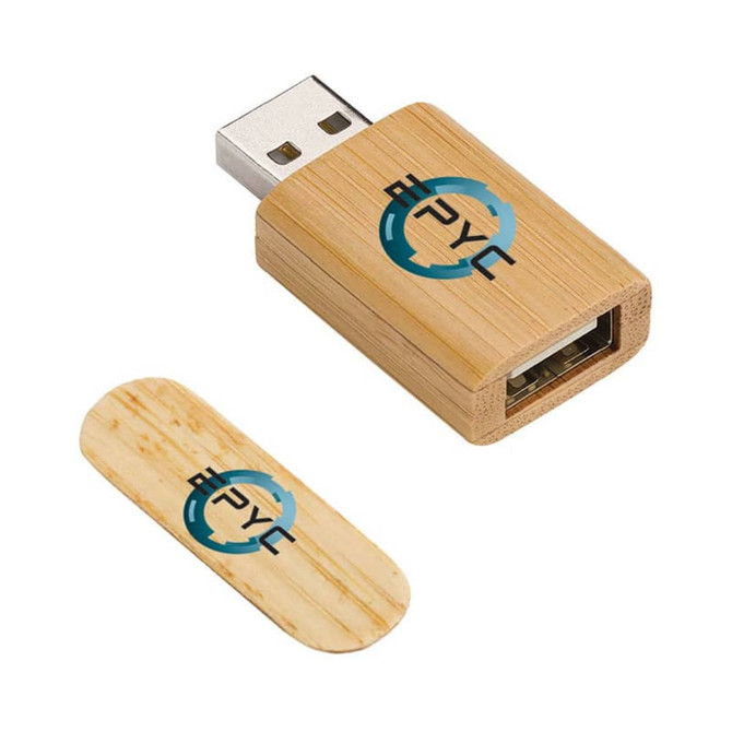 A bamboo USB device featuring a detachable cap and a logo, showcasing a natural wood finish.