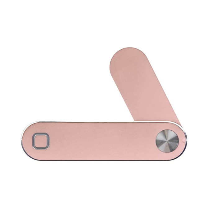A rose gold laptop extension arm with a sleek design and a round knob, featuring a logo on the side.