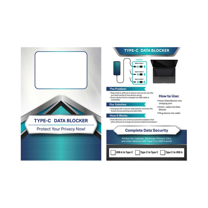 A promotional leaflet featuring a blue and silver design for the Bern Data Blocker (Type-C to Type-C), includes illustrations and logos.