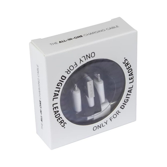 A white charging cable kit packaged in a box, featuring multiple connectors and a logo on the front. A white charging cable kit packaged in a box, featuring multiple connectors and a logo on the front.