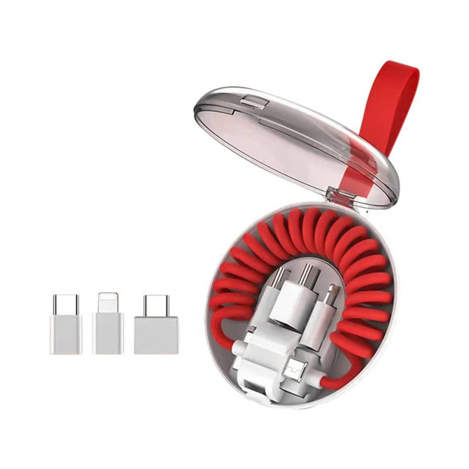 A red charging cable coiled inside a transparent case, accompanied by three white Type-C adapters. A red charging cable coiled inside a transparent case, accompanied by three white Type-C adapters.