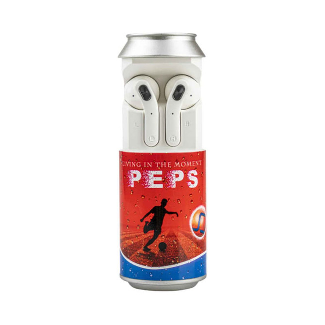 A pair of white earbuds resting on a colourful can featuring sports imagery and a logo.