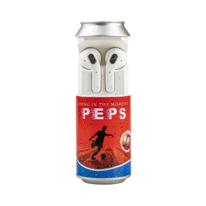 A white drink can design featuring TWS earbuds secured inside, with a colourful label and branding.