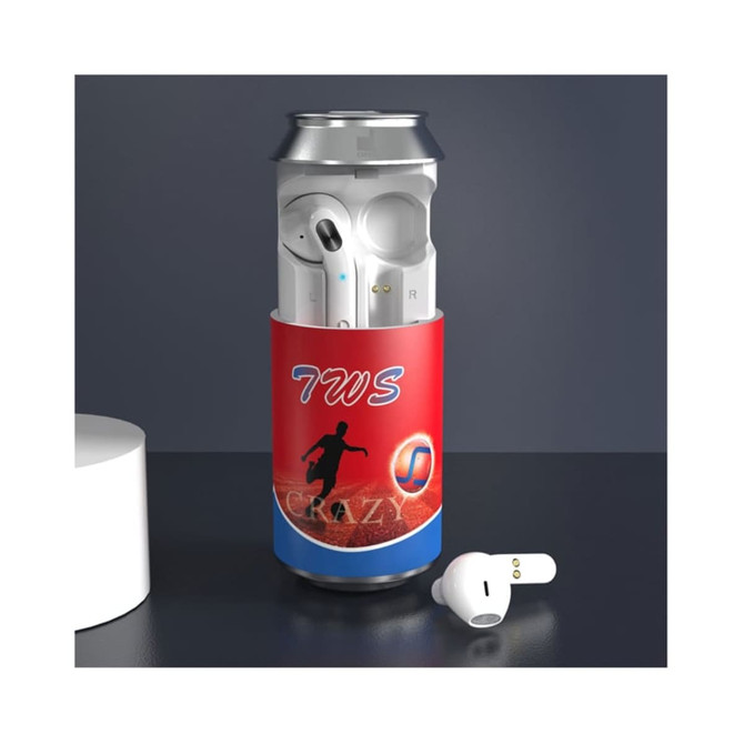 A silver drink can with red branding, containing white earbuds inside and one earbud placed beside it.