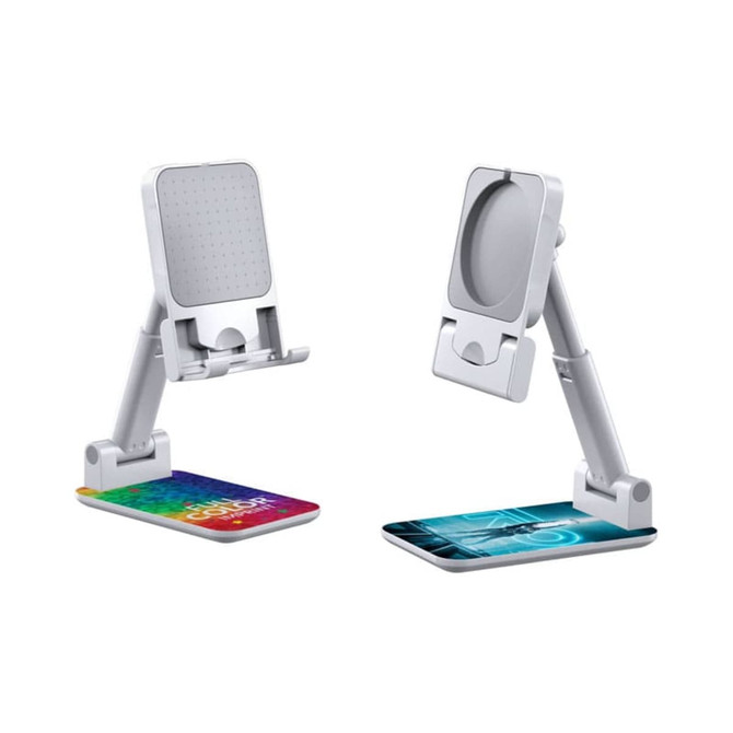 A foldable phone stand in white, featuring adjustable angles and a sleek design. Includes a logo on the base.