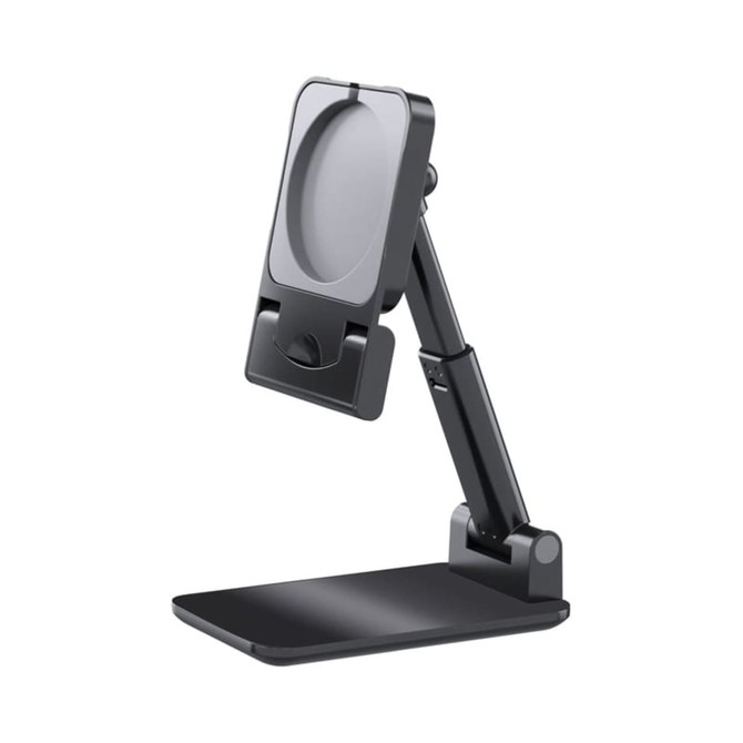 A black foldable phone stand with an adjustable arm and a sturdy base. Features a holder for devices.
