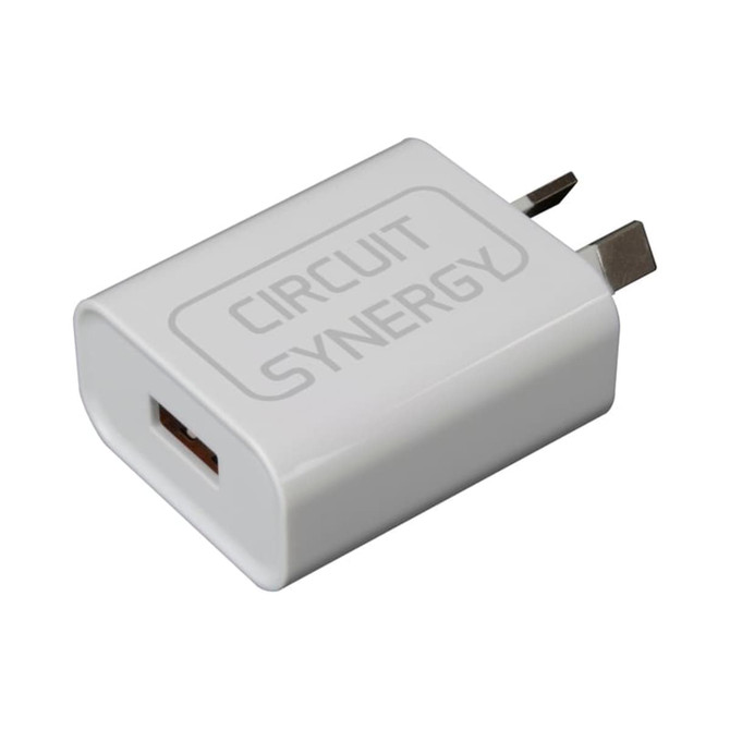 A white USB wall charger with two prongs and a logo on the side, designed for fast charging.