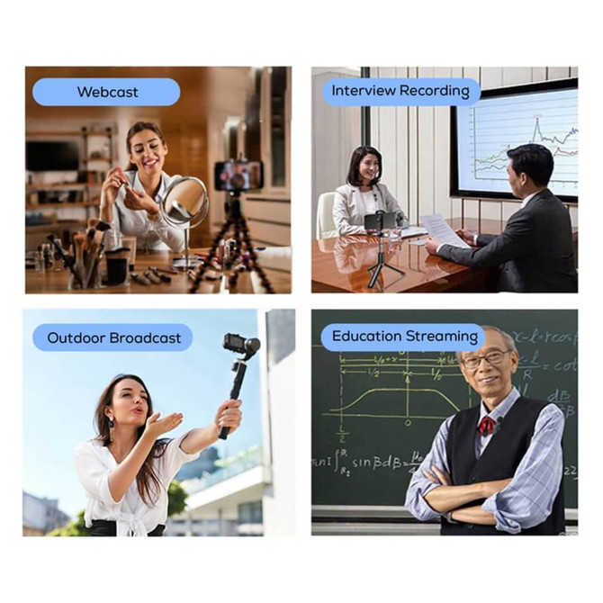 A collection of scenes featuring a wireless microphone used in webcasts, interviews, outdoor broadcasts, and educational streaming.