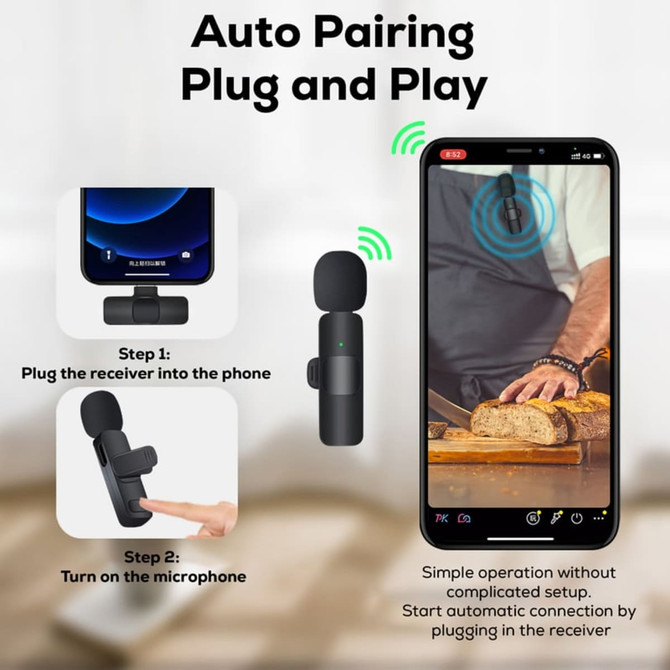 A black wireless microphone with a clip, displayed alongside a smartphone showing a user-friendly interface.