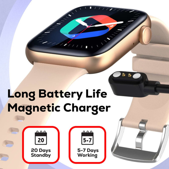 A gold Mateo Smart Watch with a light strap, featuring a digital display and a magnetic charger.