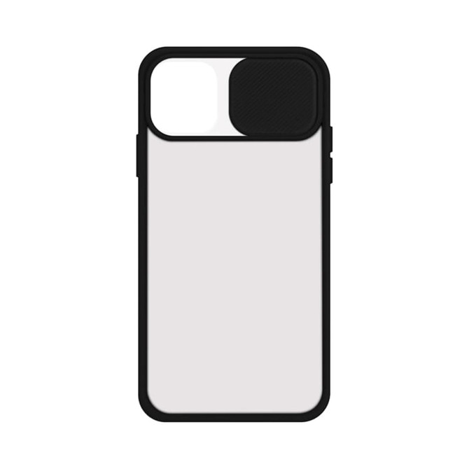 An iPhone case with a black border and a contrasting white and textured panel, featuring a logo.