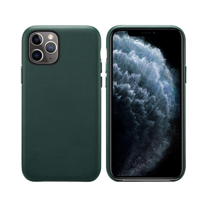 A green PU iPhone case featuring a textured finish, set against a black background showing the phone's screen.