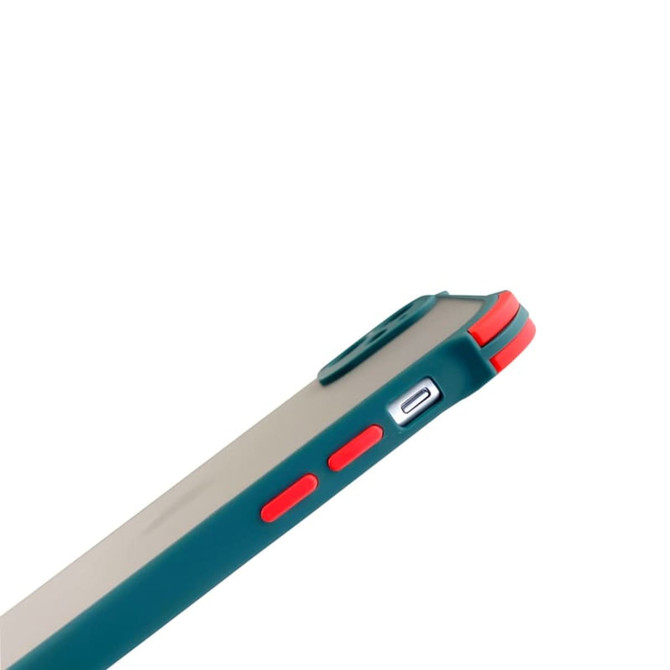 A rugged iPhone case in teal and coral, featuring buttons and a logo, designed for protection and style.